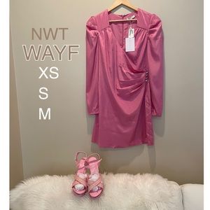 NWT (M) WAYF pink jacquard silky long sleeves puff mini drape wrap rhinestone